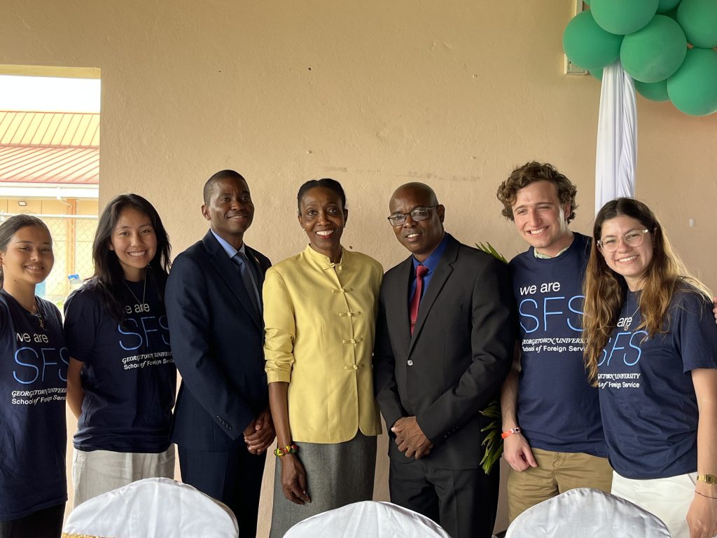 Ambassador Williams and students in Grenville, Grenada.
